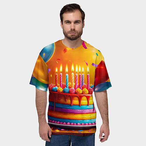 Мужская футболка оверсайз Радуга праздничного торта / 3D-принт – фото 3