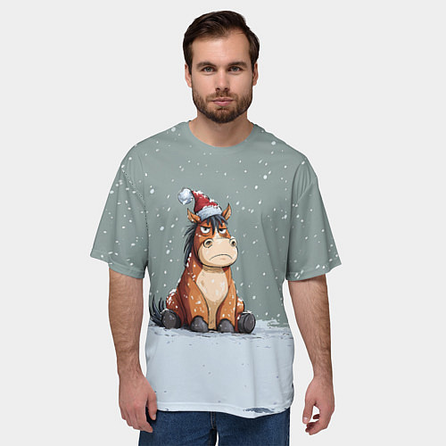 Мужская футболка оверсайз Лошадка на фоне снегопада / 3D-принт – фото 3