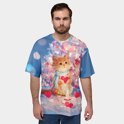 Мужская футболка оверсайз Милый котенок и новогодняя елка / 3D-принт – фото 3