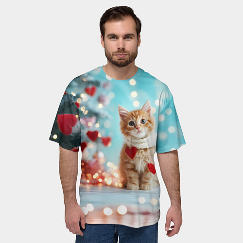 Мужская футболка оверсайз Милый рыжий котенок - Новый год / 3D-принт – фото 3