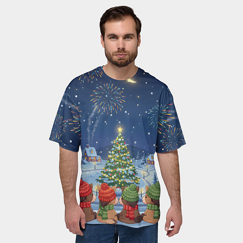 Мужская футболка оверсайз Лошадки в новогоднюю ночь / 3D-принт – фото 3