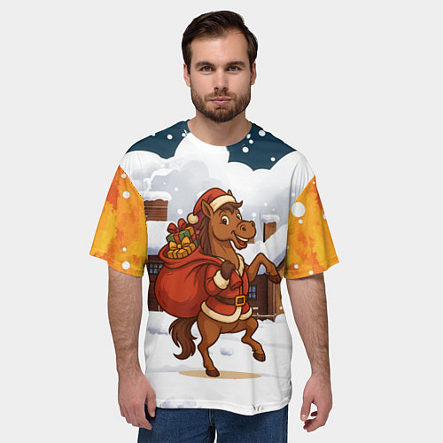 Мужская футболка оверсайз Новогодняя лошадка с мешком подарков / 3D-принт – фото 3