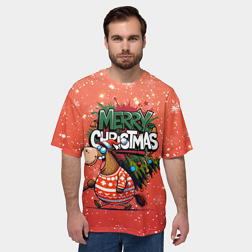 Мужская футболка оверсайз Лошадь с ёлкой / 3D-принт – фото 3