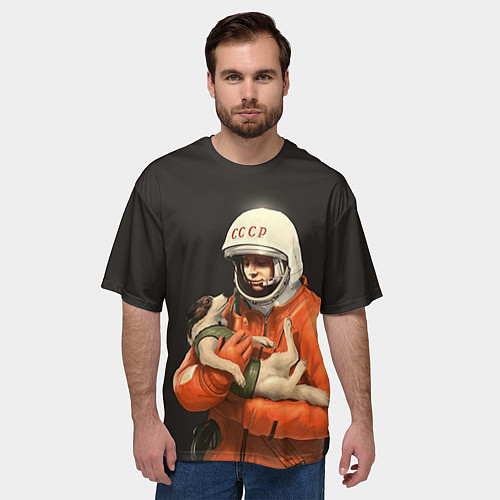 Мужская футболка оверсайз Гагарин с лайкой / 3D-принт – фото 3