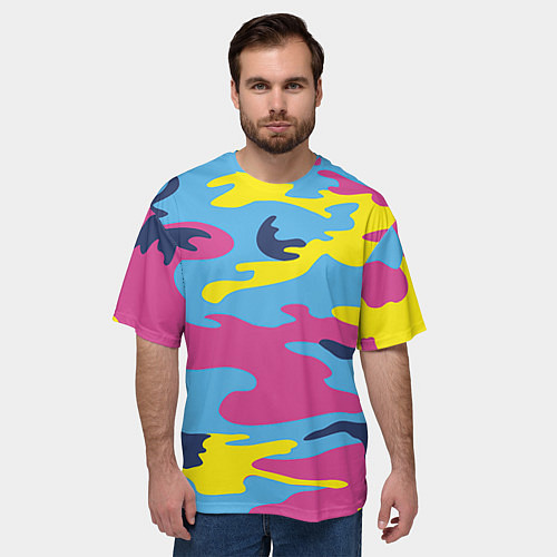 Мужская футболка оверсайз Камуфляж: голубой/розовый/желтый / 3D-принт – фото 3
