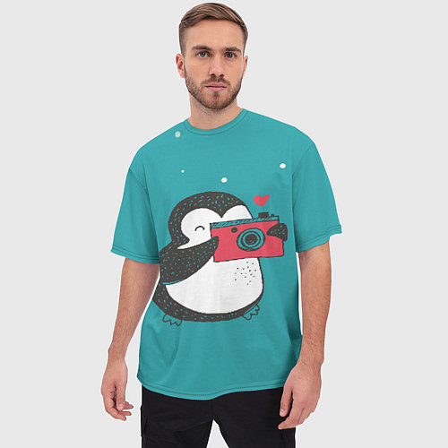 Мужская футболка оверсайз Пингвин с фотоаппаратом / 3D-принт – фото 3