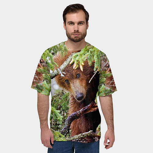 Мужская футболка оверсайз Медведь сидит на ёлке / 3D-принт – фото 3