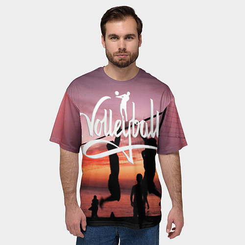 Мужская футболка оверсайз Пляжный волейбол на закате / 3D-принт – фото 3
