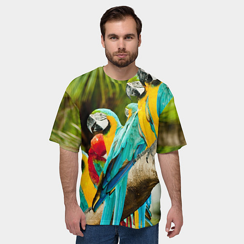 Мужская футболка оверсайз Попугаи на ветке / 3D-принт – фото 3