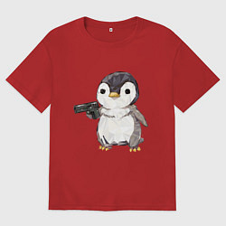 Футболка оверсайз мужская Пингвин с пистолетом, цвет: красный