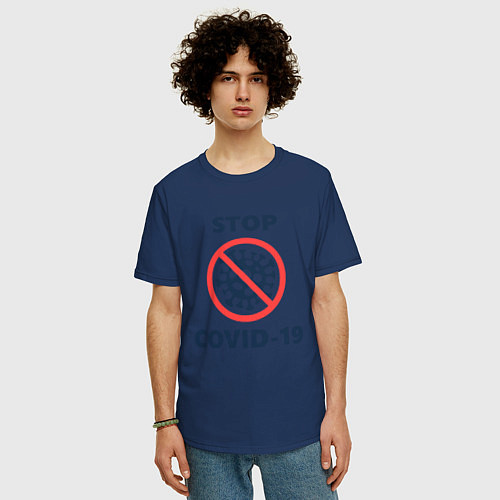 Мужская футболка оверсайз STOP COVID-19 / Тёмно-синий – фото 3