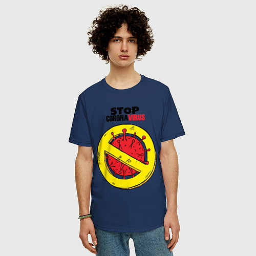 Мужская футболка оверсайз Stop Coronavirus / Тёмно-синий – фото 3