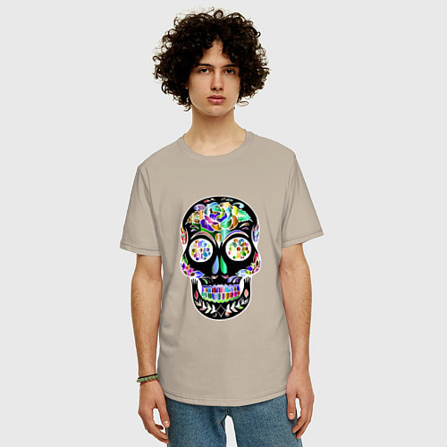Мужская футболка оверсайз Flowers - Art skull / Миндальный – фото 3