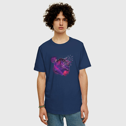 Мужская футболка оверсайз Галактический куб / Тёмно-синий – фото 3