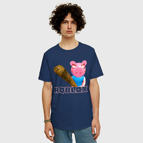 Мужская футболка оверсайз Roblox Piggy / Тёмно-синий – фото 3