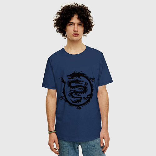 Мужская футболка оверсайз Двойной дракон / Тёмно-синий – фото 3