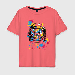 Футболка оверсайз мужская Кошка космонавт, цвет: коралловый
