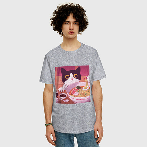 Мужская футболка оверсайз Кот и лапша / Меланж – фото 3