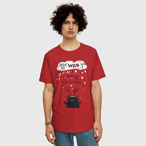 Мужская футболка оверсайз Рождественский кот / Красный – фото 3