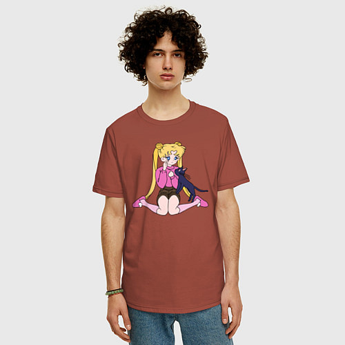 Мужская футболка оверсайз Усаги и Луна / Кирпичный – фото 3