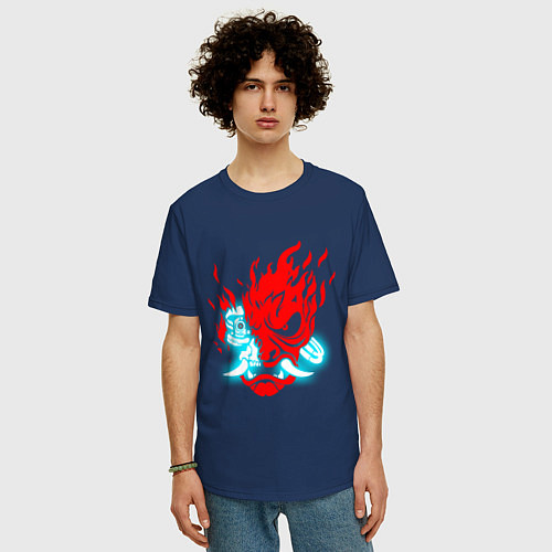 Мужская футболка оверсайз Cyberpunk neon samurai / Тёмно-синий – фото 3
