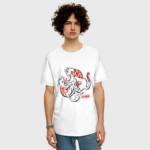 Мужская футболка оверсайз Японский самурайский Кот тату / Белый – фото 3