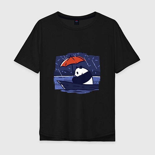 Мужская футболка оверсайз Панда в лодке с зонтиком / Черный – фото 1