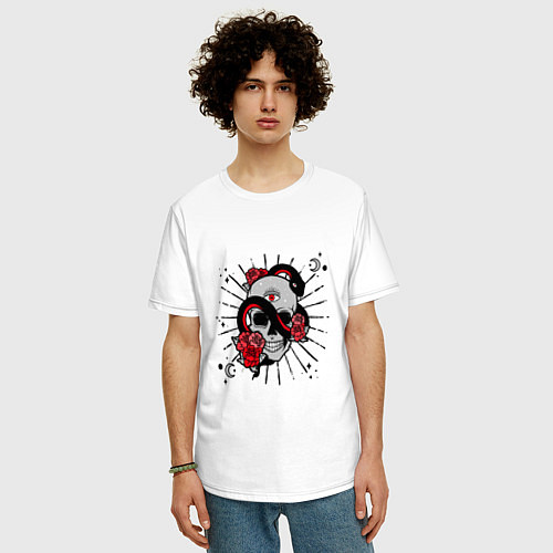 Мужская футболка оверсайз Череп с розами и змеёй / Белый – фото 3