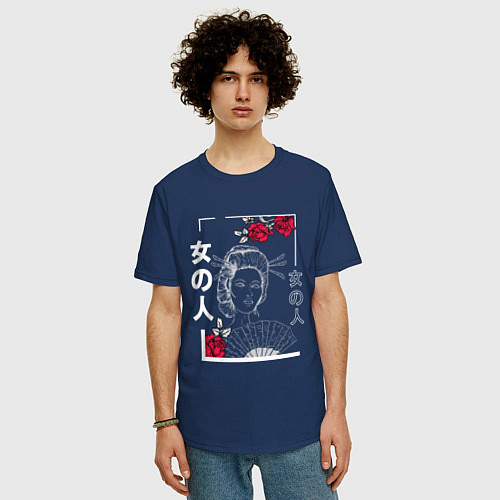 Мужская футболка оверсайз Vaporwave Japanese Geisha / Тёмно-синий – фото 3