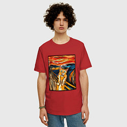 Футболка оверсайз мужская Кот пародия на Крик Мунка, цвет: красный — фото 2
