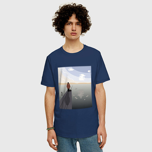 Мужская футболка оверсайз Рыбалка на озере / Тёмно-синий – фото 3