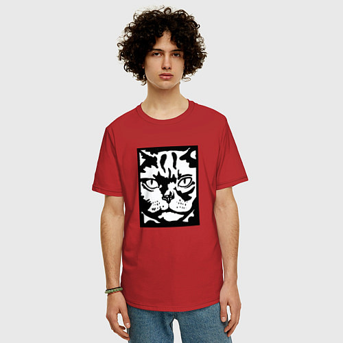 Мужская футболка оверсайз Cat Obey - Кот Подчиняйся / Красный – фото 3