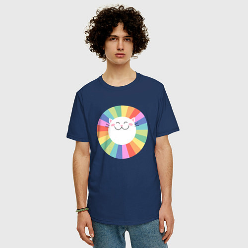 Мужская футболка оверсайз Smiling Cat / Тёмно-синий – фото 3