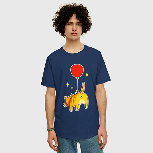 Мужская футболка оверсайз Котик на шарике / Тёмно-синий – фото 3