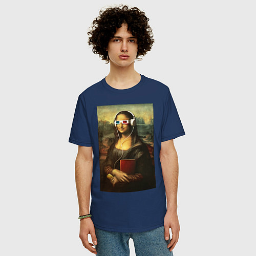 Мужская футболка оверсайз Мона Лиза Хипстер Прикол Очки / Тёмно-синий – фото 3