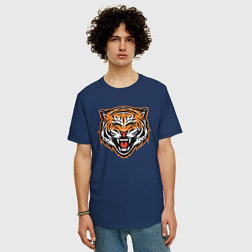 Мужская футболка оверсайз Грозный тигр / Тёмно-синий – фото 3