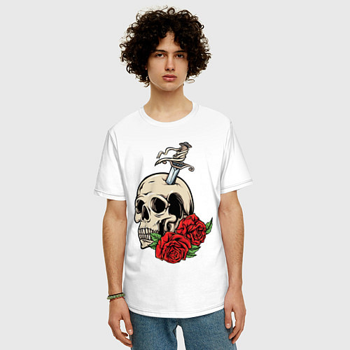 Мужская футболка оверсайз Череп с розами / Белый – фото 3