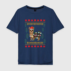 Футболка оверсайз мужская Рождественский свитер Йоркшик, цвет: тёмно-синий