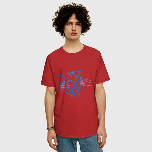 Мужская футболка оверсайз Контур головы синего тигра, арт лайн / Красный – фото 3