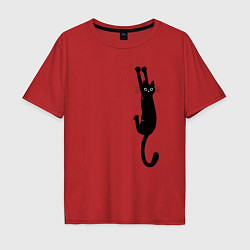 Футболка оверсайз мужская Черная кошка висит, цвет: красный