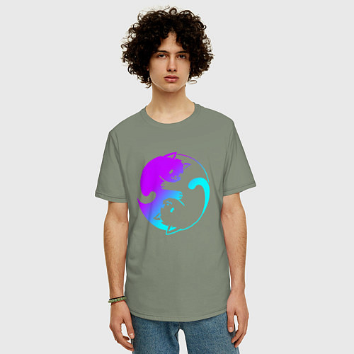 Мужская футболка оверсайз ИНЬ ЯНЬ КОТИКИ В НЕОНЕ / Авокадо – фото 3