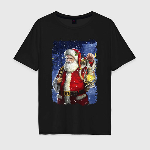 Мужская футболка оверсайз Santa Claus shines a lantern / Черный – фото 1