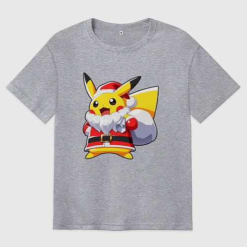 Мужская футболка оверсайз НОВОГОДНИЙ ПИКАЧУ САНТА КЛАУС / Меланж – фото 1