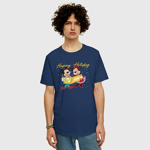Мужская футболка оверсайз Happy Holoday Mouse / Тёмно-синий – фото 3