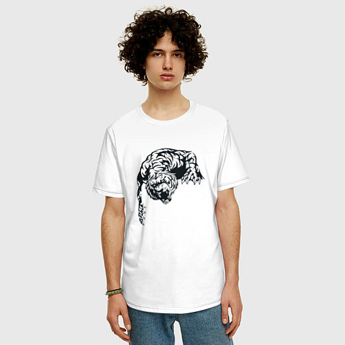 Мужская футболка оверсайз Опасный тигр Dangerous tiger черно-белый / Белый – фото 3