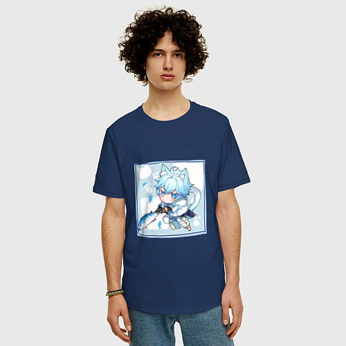 Мужская футболка оверсайз Котик Чун Юй в деле / Тёмно-синий – фото 3