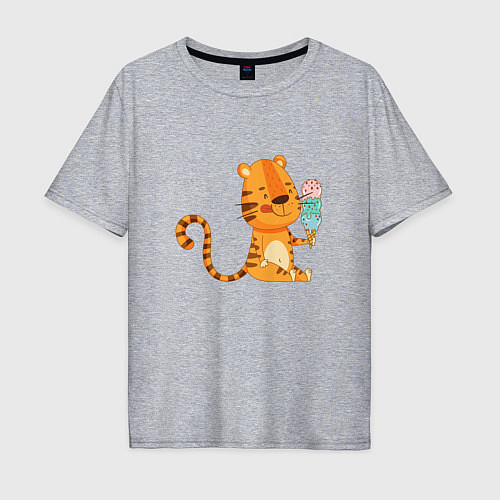 Мужская футболка оверсайз Тигр с мороженым - символ года / Меланж – фото 1