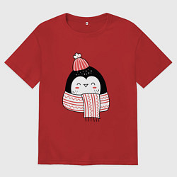 Футболка оверсайз мужская МИЛЫЙ НОВОГОДНИЙ ПИНГВИН В ШАПКЕ, цвет: красный
