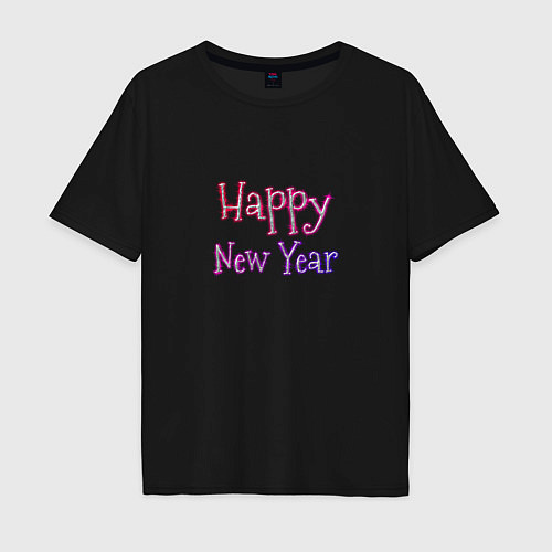 Мужская футболка оверсайз Неоновая Надпись Новый Год Happy New Year / Черный – фото 1