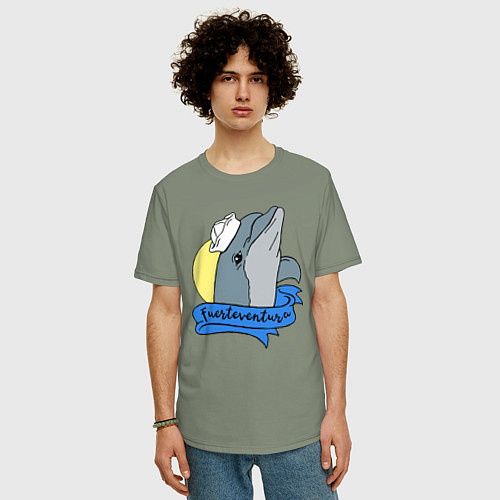 Мужская футболка оверсайз Дельфин на фоне солнца / Авокадо – фото 3